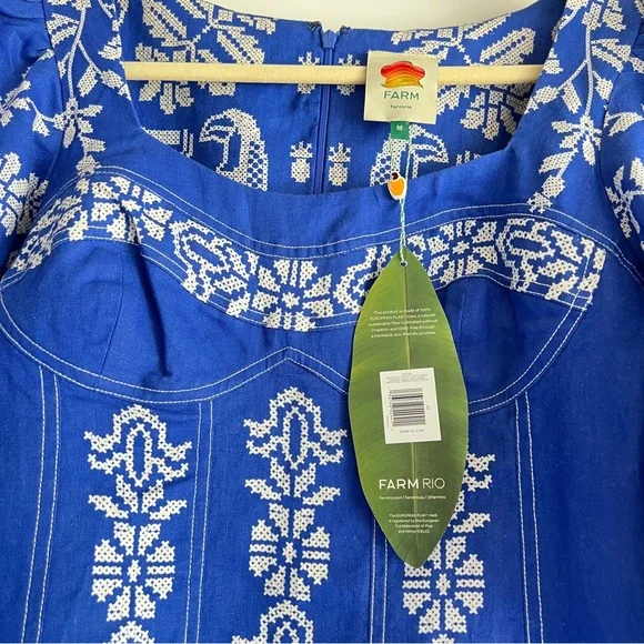 FARM Rio Tropical Printed Blue Euroflax Premium Linen Mini Dress Size Medium NWT - Picture 6 of 13